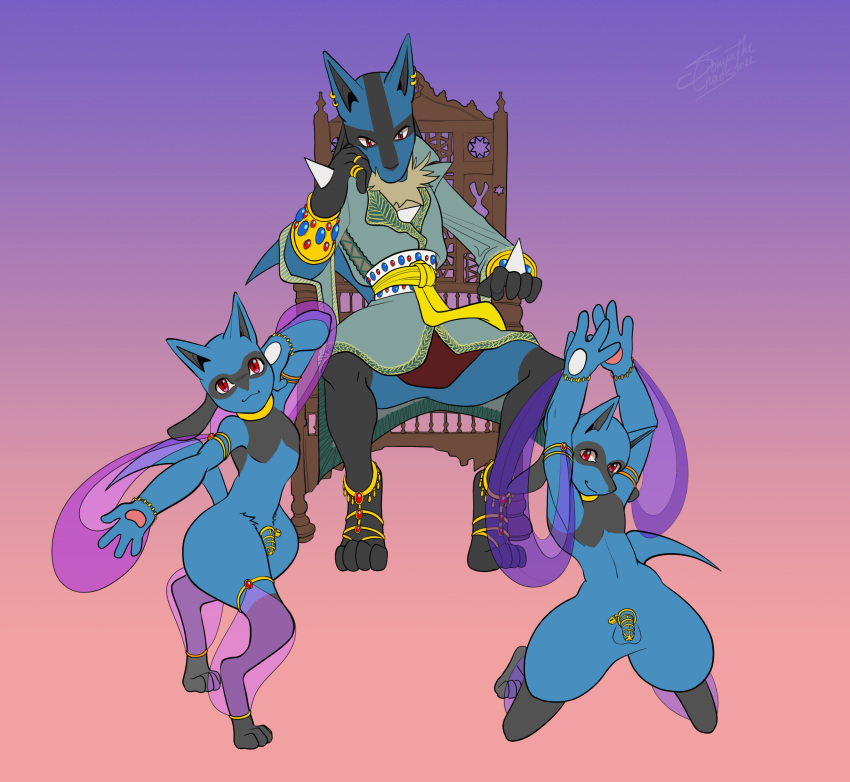 absurd_res anthro harem_boy harem_jewelry harem_outfit hi_res king lucario male male/male nintendo pokemon pokemon_(species) riolu royalty slave sofi_harper teenager video_games young