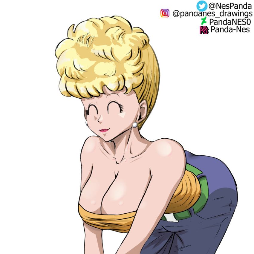 big_ass big_breasts big_butt blonde_hair breast_squeeze breast_squish character closed_eyes closed_legs closed_mouth closed_smile dragon_ball dragon_ball_super dragon_ball_z female female_focus female_only milf panchy panchy_(dragon_ball) panchy_briefs panda_nes smile smiling