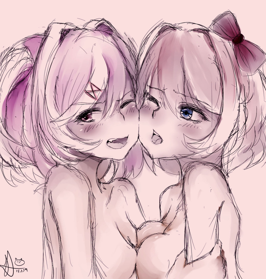 2girls blue_eyes blush bow crunnix doki_doki_literature_club female female_only hug multiple_girls natsuki_(doki_doki_literature_club) rough_sketch sayori_(doki_doki_literature_club) sketch woolulu yuri