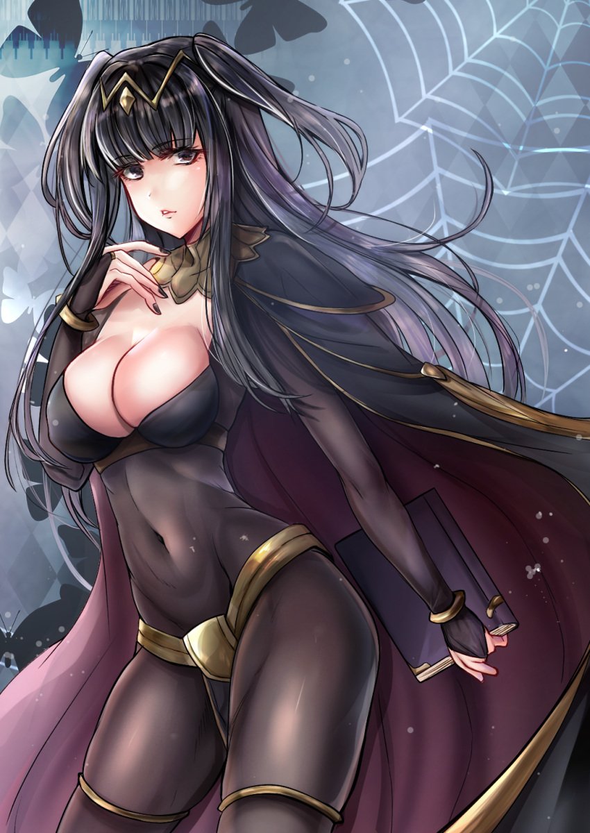 1girls bangs black_eyes black_hair black_nails bodystocking book breasts cape cleavage female_only fire_emblem fire_emblem_awakening large_breasts long_hair looking_at_viewer nail_polish nintendo solo spider_web tharja_(fire_emblem) thighs yui_(msy1302mana)