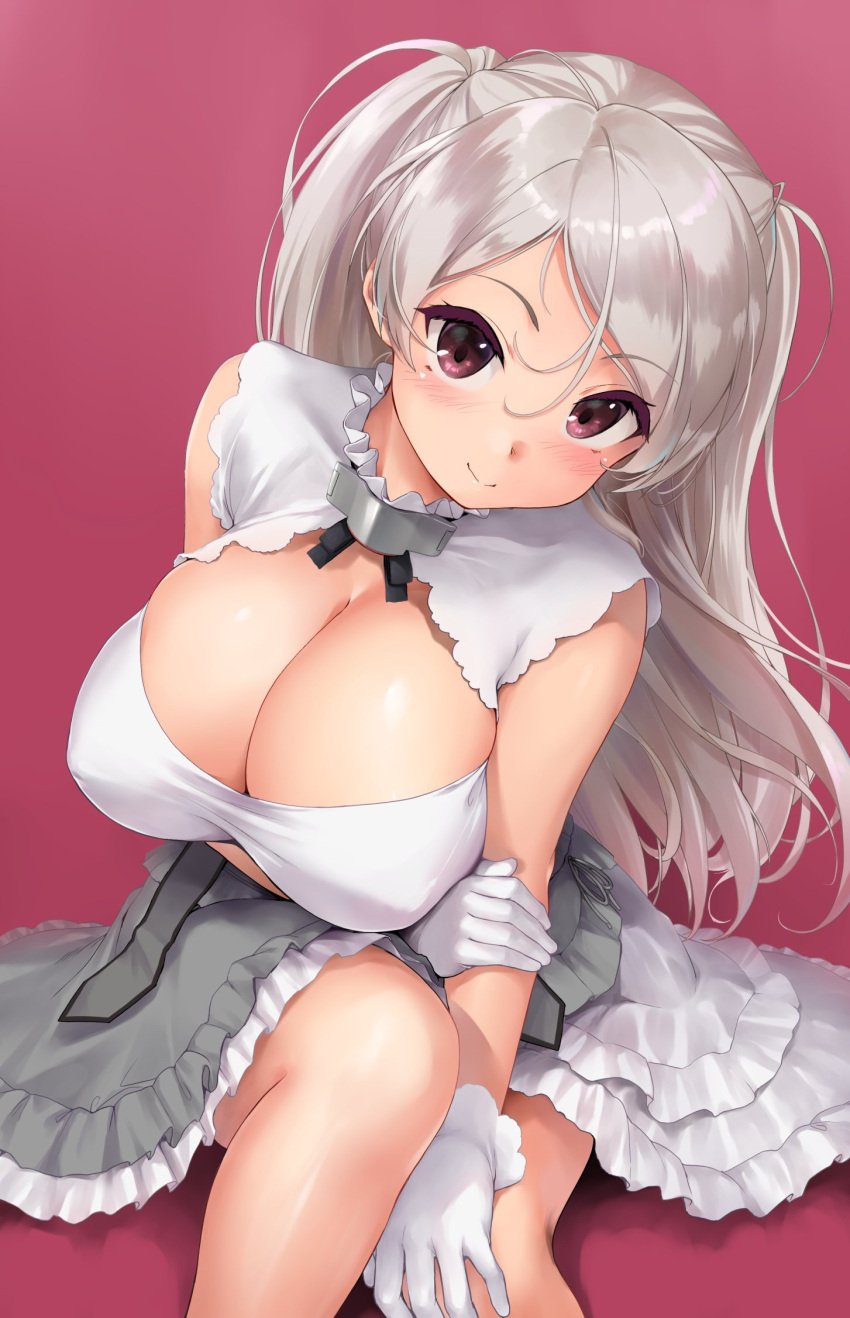 blush breasts cleavage cleavage_cutout clothing_cutout collarbone conte_di_cavour_(kantai_collection) dress female gloves grey_dress grey_hair highres kantai_collection large_breasts long_hair looking_at_viewer purple_eyes red_background shinozuka_jouji simple_background smile solo two-tone_dress white_dress white_gloves