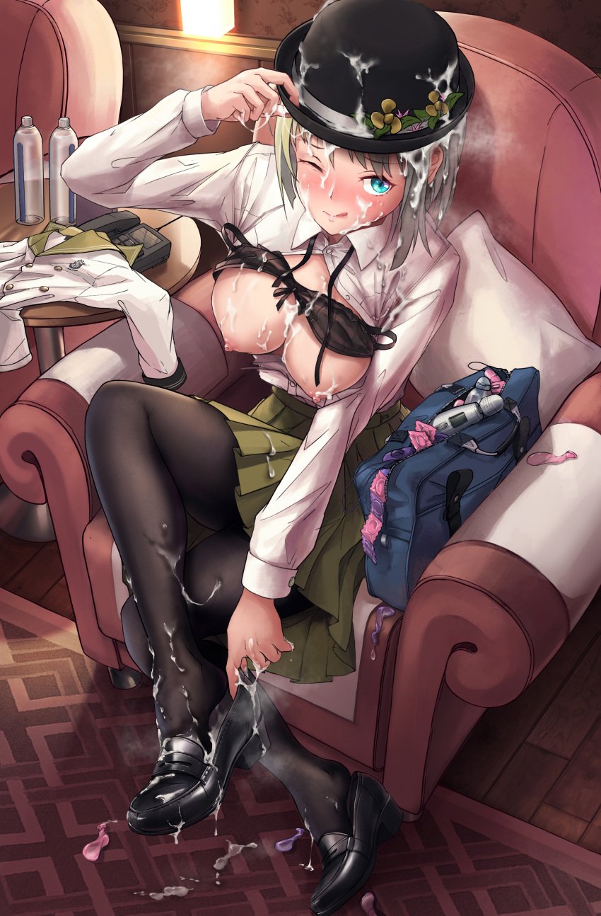 absurdres ariake_(warship_girls_r) armchair bangs black_bra black_footwear black_headwear black_legwear blue_bag blue_eyes bottle bra bra_lift breasts chair cleavage closed_mouth clothes_removed condom crossed_legs cum cum_in_footwear cum_in_shoe cum_on_body cum_on_breasts cum_on_clothes cum_on_hair cum_on_headwear cum_on_legwear cum_on_skirt cum_wearing cumdrip eyebrows_visible_through_hair facial female full_body green_skirt hand_on_headwear highres holding holding_shoes licking_lips loafers lolipantherwww looking_at_viewer medium_breasts medium_hair nipples one_eye_closed open_clothes open_shirt pantyhose platinum_blonde_hair sex_toy shirt shoes simple_background sitting skirt smile solo table tongue tongue_out underwear vibrator warship_girls_r white_shirt