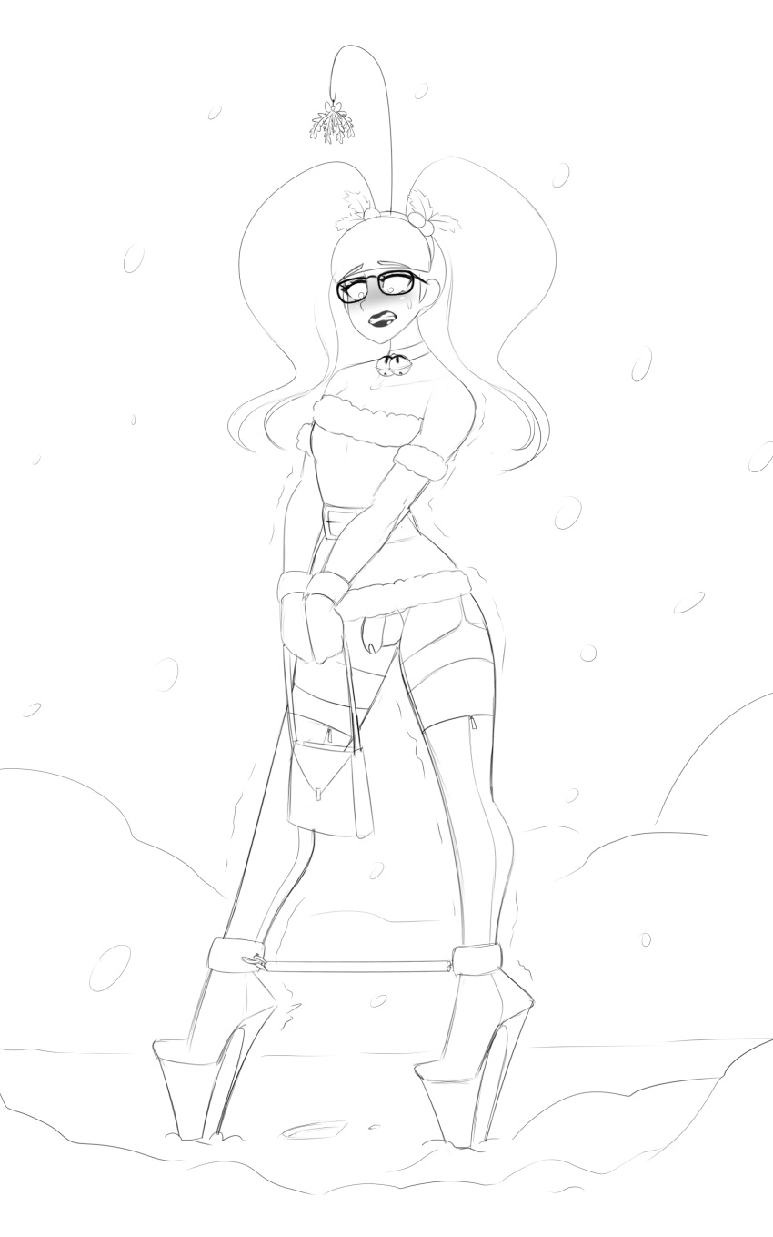 1boy adam_(sealguy) blush boots caged chastity chastity_cage chastity_device choker christmas cock_cage crossdressing embarrassed femboy girly glasses handbag high_heel_boots high_heels jingle_bell lipstick makeup mistletoe monochrome outdoors outside penis penis_cage platform_heels sealguy short_skirt sketch snow spreader_bar stripper_heels thigh_boots twintails