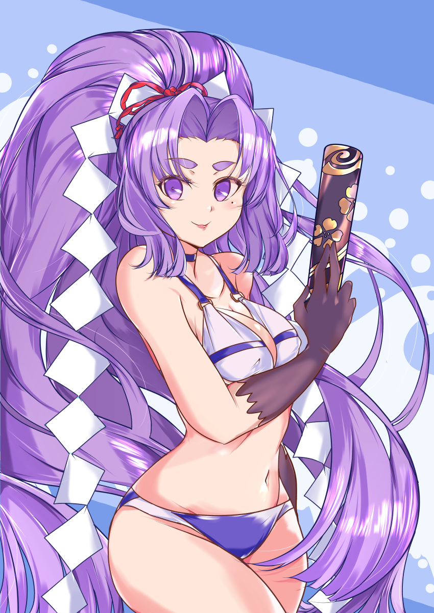 absurdres bikini black_gloves breasts closed_fan cowboy_shot female folding_fan gloves hand_fan hatsuharu_(kantai_collection) highres hikimayu kantai_collection large_breasts long_hair looking_at_viewer matsurika_(harusutain) mismatched_bikini mole mole_under_eye ponytail purple_eyes purple_hair shide short_eyebrows solo swimsuit thick_eyebrows tongue tongue_out