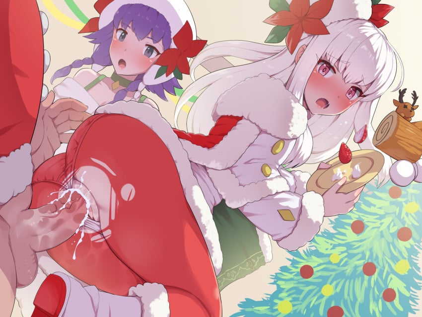 2girls alternate_costume ass big_ass black_eyes blush boris_(noborhys) braid cake christmas christmas_outfit christmas_tree clothed_sex cum cum_in_pussy cum_inside embarrassed female_focus fire_emblem fire_emblem:_the_sacred_stones fire_emblem:_three_houses fire_emblem_heroes food from_below fruit hat highres long_hair looking_back lute_(fire_emblem) lute_(winter)_(fire_emblem) lysithea_von_ordelia lysithea_von_ordelia_(winter) multiple_girls nintendo official_alternate_costume open_mouth panties panties_aside pantyhose pantylines pantyshot pantyshot_(standing) pink_eyes purple_hair pussy see-through sex short_hair solo_focus strawberry torn_clothes tree twin_braids uncensored underwear upskirt vaginal_penetration white_hair white_panties