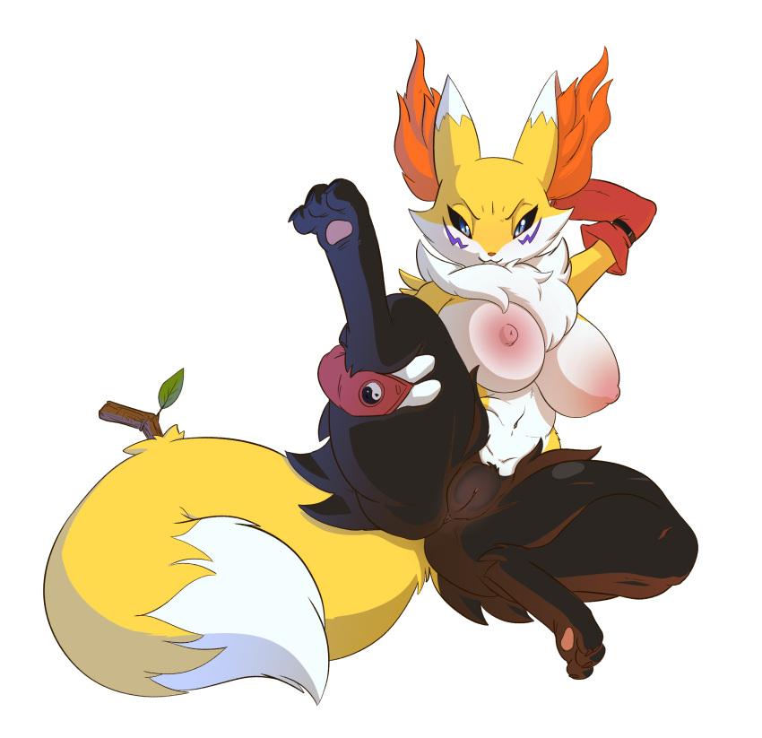 anthro bandai_namco big_breasts braixen breasts cream.pup crossover digimon female female_only fur genitals hi_res nintendo pokémon_(species) pokemon pokemon_(species) pussy renamon simple_background solo spread_legs spreading video_games white_background yellow_body yellow_fur