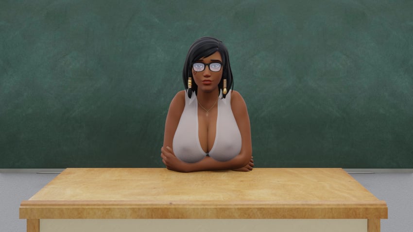 1girls 3d blizzard_entertainment busty classroom dark-skinned_female dark_skin egyptian female female_focus female_only glasses hourglass_figure karasu_3da overwatch pharah pose posing solo tagme teacher wide_hips