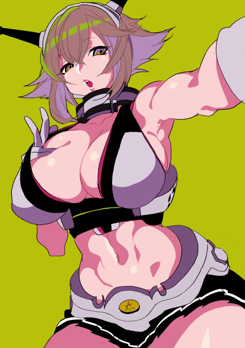 blonde_hair breasts brown_hair cleavage covered_nipples female gloves headgear highres hohehohe huge_breasts kantai_collection midriff multicolored_eyes mutsu_(kantai_collection) navel open_mouth purple_eyes reaching_out selfie simple_background solo teeth white_gloves yellow_eyes