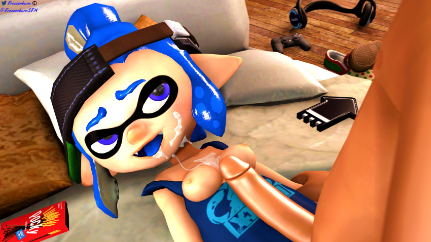 1boy 1boy1girl 1girls 3d after_paizuri bed bedroom big_breasts blue_eyes blue_hair breasts clothing convex_(freezerburn) cum_between_breasts cum_on_face cumshot freezerburnsfm game_controller headgear headphones inkling inkling_girl looking_at_another looking_pleasured paizuri penis phone pocky sfm shoes source_filmmaker splatoon splatoon_2 tongue_out