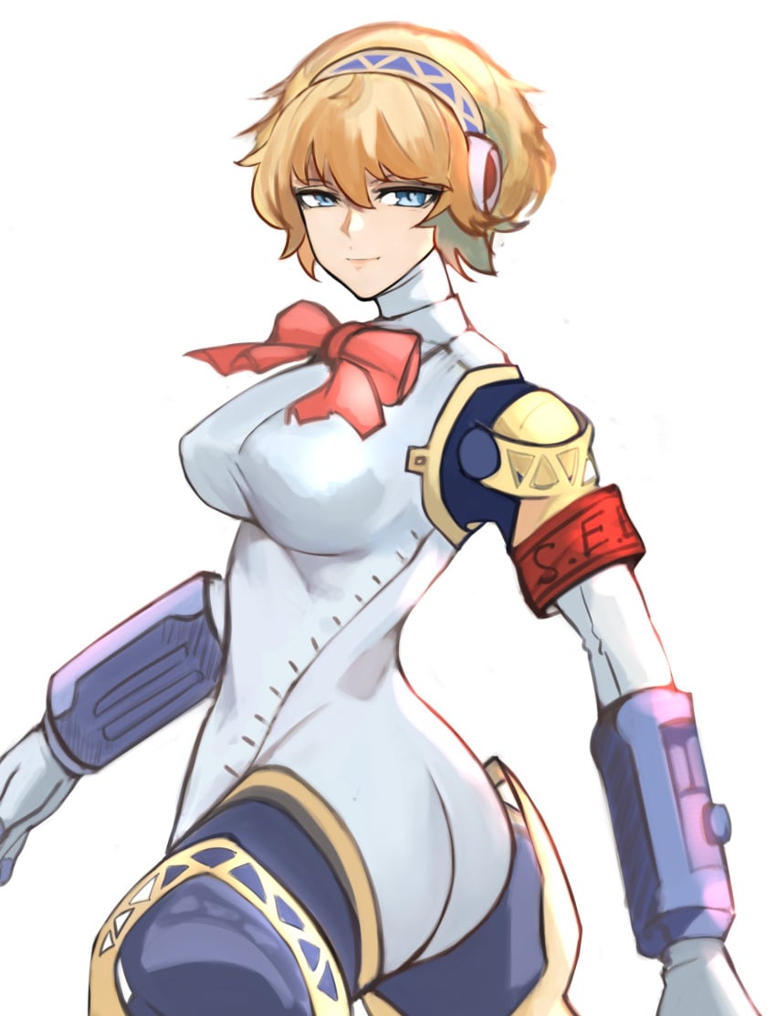 aegis_(persona) aigis_(persona) armband armwear ass atlus blonde_hair blue_eyes erect_nipples female_only from_behind fully_clothed gynoid medium_hair nero_watch nipple_bulge persona persona_3 ribbon robot robot_girl solo solo_female