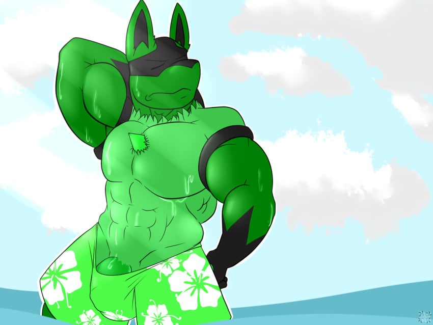 anthro bbulala closed_eyes furry green_fur lucario male muscular penis penis_slip pokemon pokemon_(species) pokemon_dppt shiny_pokemon swim_trunks swimsuit water