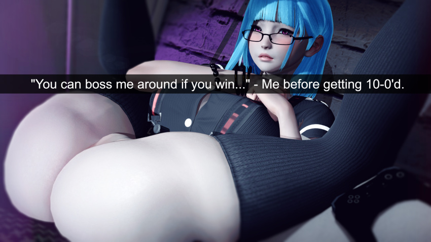 1girls 3d ahwlly ahwlly_(artist) ass ass_focus bet black_clothing black_legwear blue_hair blush bob_cut controller defeated fat_ass female female_only gamer_girl glasses looking_at_viewer mole mole_under_eye on_back on_bed overalls presenting self_insert shirt short_hair solo text thigh_highs thighhighs thighs