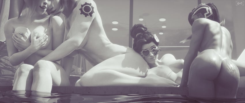 3d 4girls ass big_ass black_and_white breasts brigitte d.va dark-skinned_female female female_only glasses mercy monochrome nude_female overwatch sixplusone sombra sunglasses