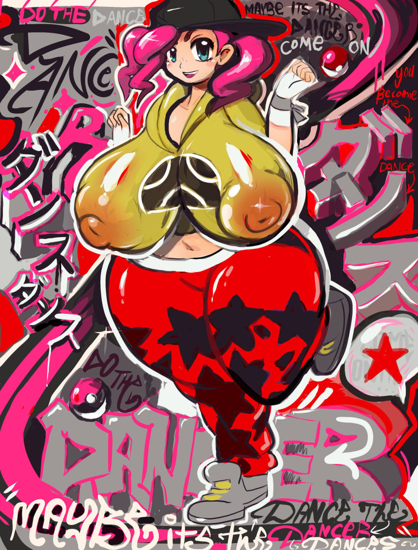 1girls alternate_breast_size baseball_cap blue_eyes dancer_(pokemon) dancer_(pokemon_ss) desgardes female female_only fingerless_gloves freckles graffiti hoodie huge_breasts looking_at_viewer navel nipples nipples_visible_through_clothing npc_trainer pink_hair pokeball pokemon pokemon_(game) pokemon_ss smiling thick thick_thighs