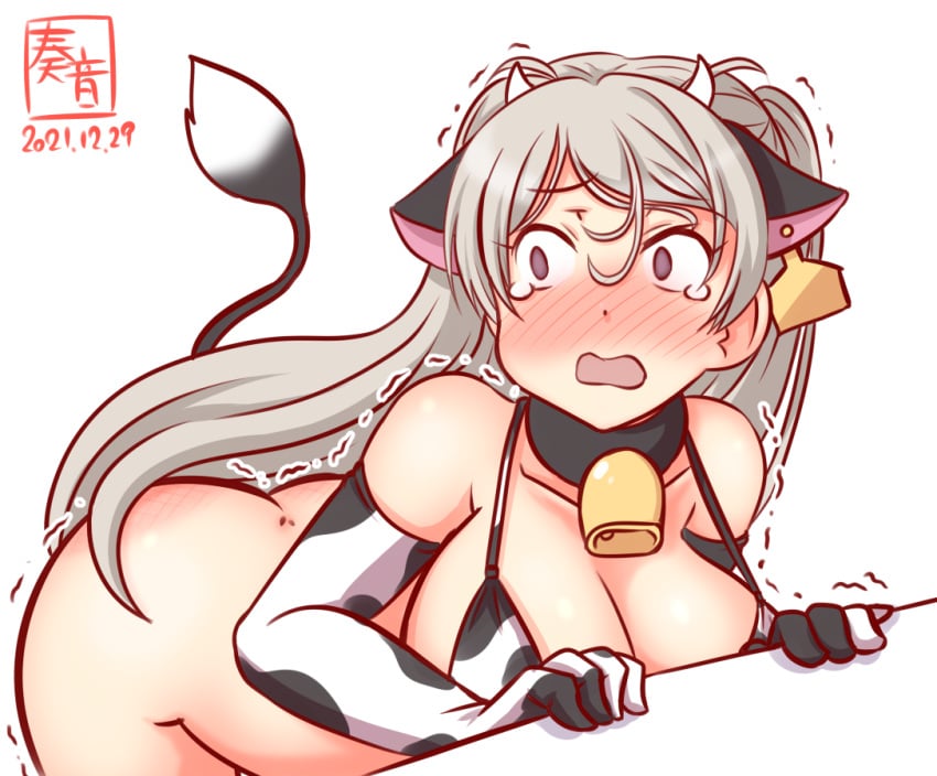 alternate_costume animal_ears animal_print artist_logo bell bikini blush breasts brown_eyes collarbone conte_di_cavour_(kantai_collection) cow_ears cow_girl cow_horns cow_print cow_tail cowbell dated elbow_gloves female gloves horns kanon_(kurogane_knights) kantai_collection large_breasts long_hair neck_bell no_panties one-hour_drawing_challenge open_mouth print_bikini print_gloves silver_hair simple_background solo swimsuit tail trembling watermark white_background