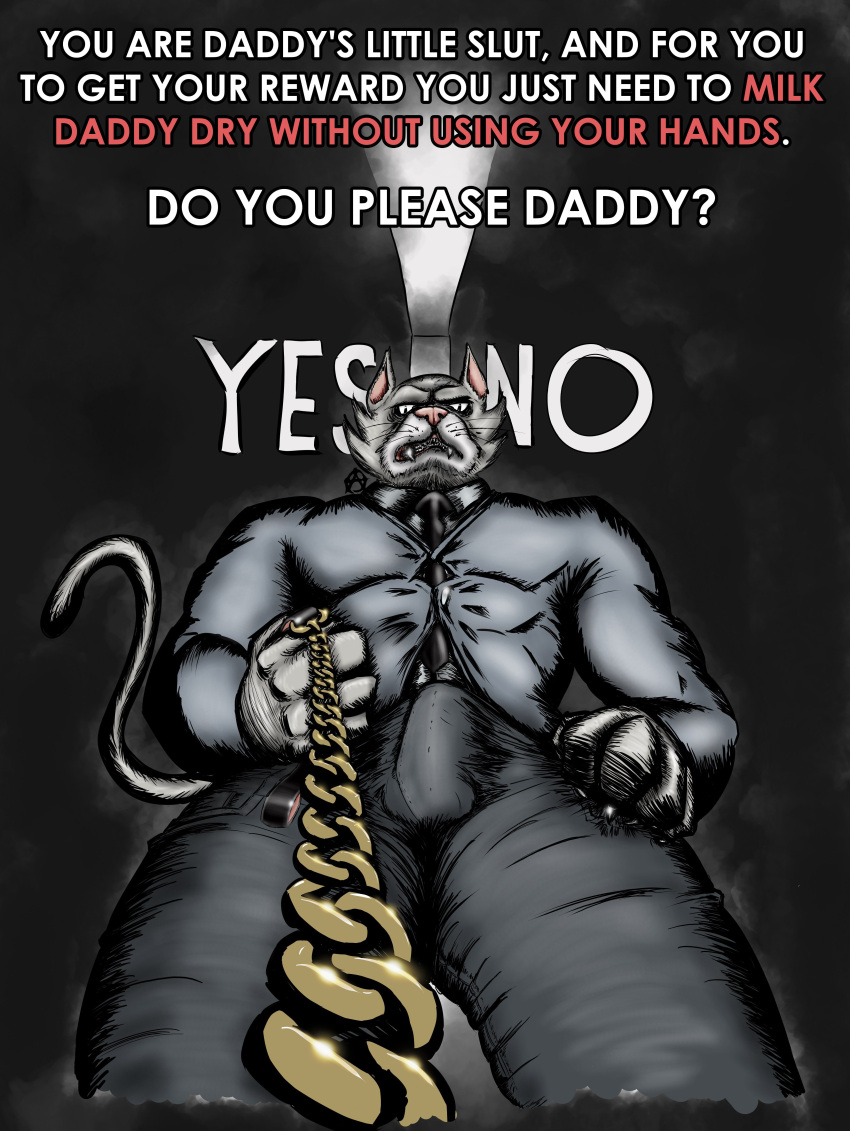 5_fingers anthro bulge_through_clothing chains dominant_male feline furry jackbox_games leash mayonnaise_(jackbox) muscular_male split_the_room suit the_jackbox_party_pack_5