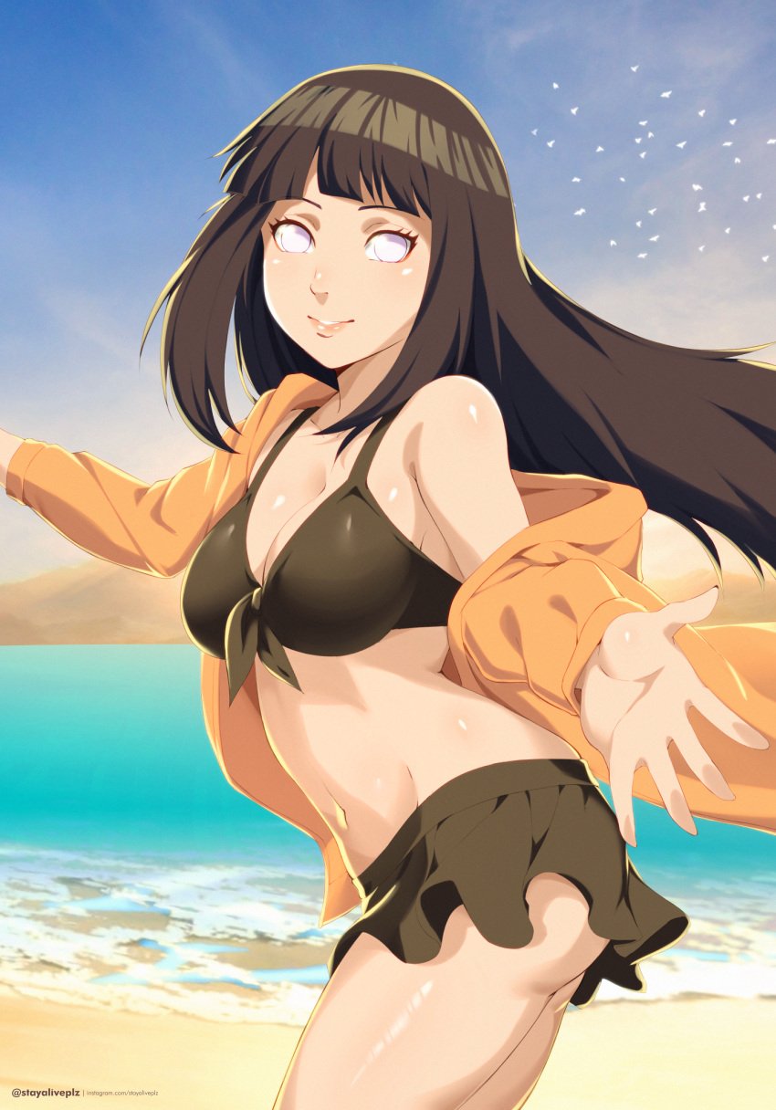 1girls ass beach belly_button bikini black_bikini black_hair black_skirt black_swimsuit breasts bubble_ass bubble_butt cleavage clothed clothing female female_focus female_only hoodie hyuuga_hinata jacket light-skinned_female light_skin lips lipstick long_hair looking_at_viewer naruto naruto:_the_last naruto_(series) naruto_shippuden ocean outdoors outside pale-skinned_female pale_skin pink_lips pink_lipstick pinup pose posing purple_eyes shounen_jump smile smiling solo solo_female solo_focus standing stayaliveplz swimsuit thick_thighs thighs voluptuous