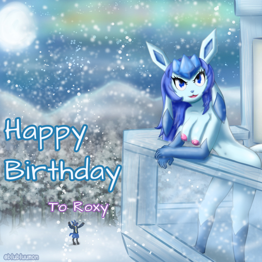 anthro ass aurora_borealis balcony birthday birthday_gift blubluumon blue_hair breasts clothed clothing duo eeveelution female feral glaceon hair hi_res ice jacket looking_away lucario male male/female moon nintendo nipples pokemon pokemon_(species) snow standing topwear video_games