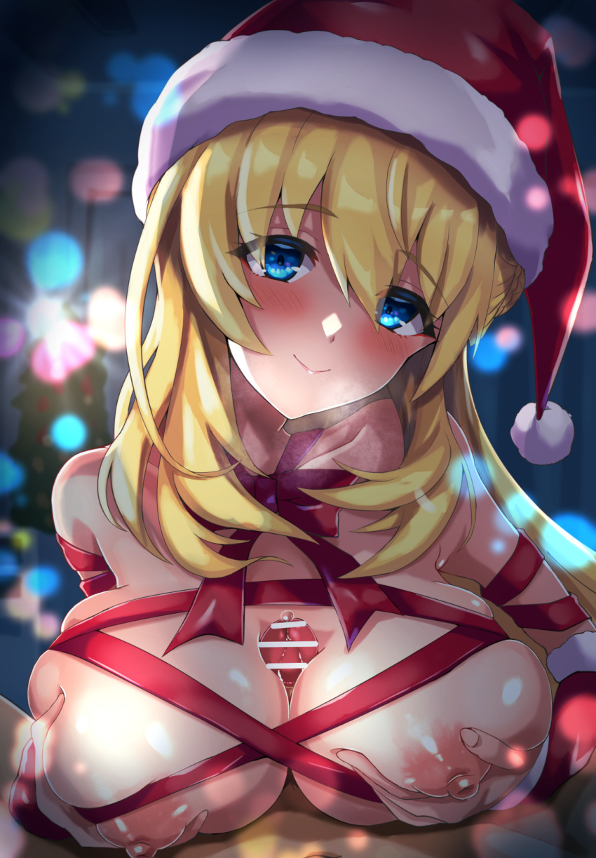 agnes_claudel blonde_hair blue_eyes blush bow breasts breathing censored christmas cleavage eiyuu_densetsu female hat highres kuro_no_kiseki long_hair looking_at_viewer mussyu_danachan naked_ribbon nipples paizuri penis precum precum_drip ribbon ribboned_body santa_hat smile