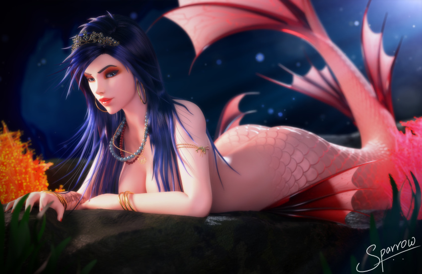 16:9 1girls 3d 3d_(artwork) aqua_eyes arm_tattoo armwear ass big_breasts blizzard_entertainment breasts coral detailed_background earrings female female_only fins hair headwear hi_res highres jewelry large_breasts light-skinned_female light_skin lipstick long_hair looking_at_viewer lying lying_on_stomach mermaid mermaid_tail monster_girl necklace nude nude_female overwatch pearl_necklace pink_scales plant purple_hair red_lips red_lipstick ring rings scales seaweed signature solo sunlight tail tail_fin tattoo tiara underwater wafflesparrow watermark widescreen widowmaker