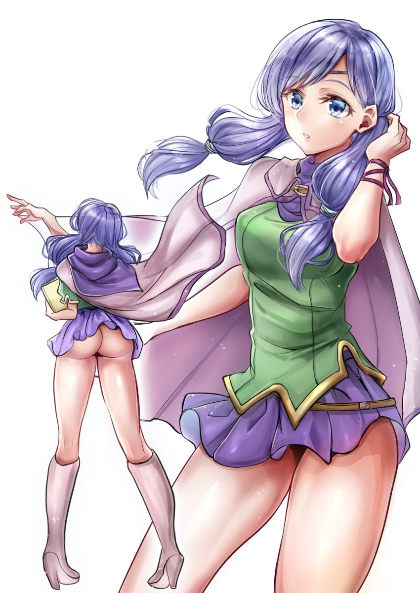 1girls ass bare_thighs blue_eyes book boots bottomless cape circlet commentary_request female female_only fire_emblem fire_emblem:_path_of_radiance hand_in_hair high_heel_boots high_heels highres holding holding_book ilyana_(fire_emblem) knee_boots long_hair looking_away looking_to_the_side low-tied_long_hair miniskirt multiple_views nintendo no_panties open_mouth purple_hair purple_skirt shiny shiny_hair simple_background skirt standing thighs white_background yui_(msy1302mana)