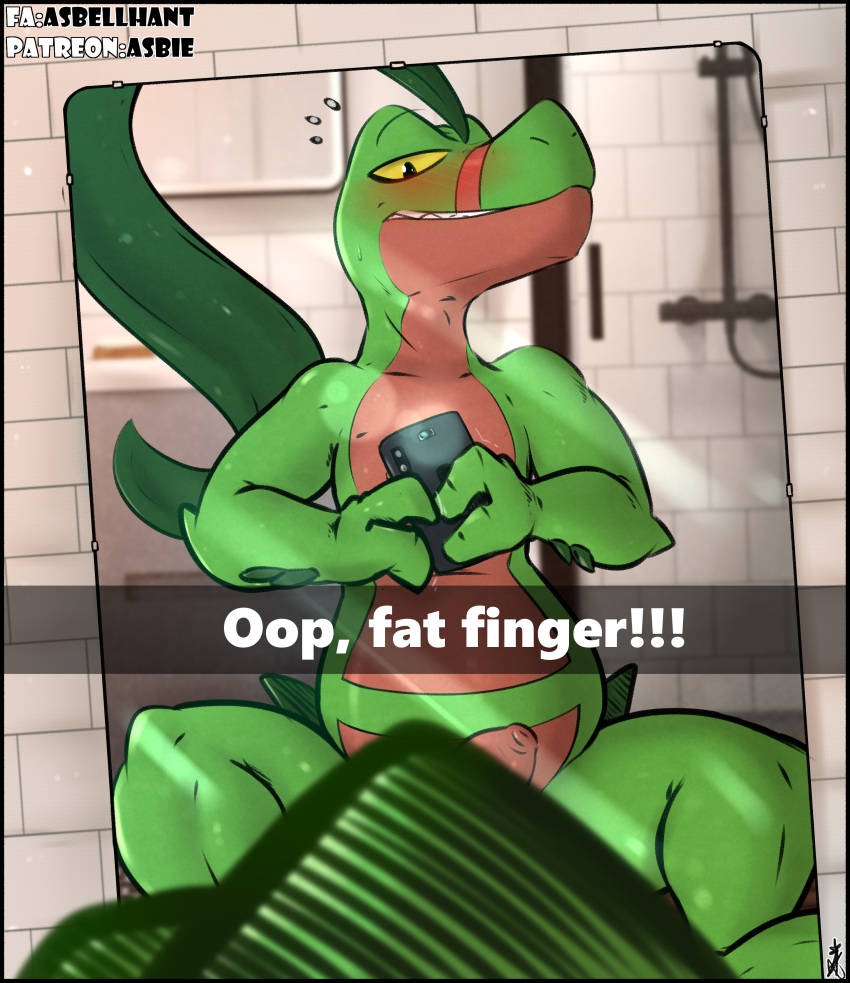 2021 absurd_res accidental_censorship anthro asbel_lhant_(artist) bathroom censored conditional_dnp detailed_background foreskin genitals grin grovyle hi_res humanoid_genitalia humanoid_penis leaf looking_at_object looking_at_phone male muscular muscular_male nintendo nogard penis phone pokémon_(species) pokemon presenting selfie slightly_chubby smile solo spread_legs spreading video_games yellow_eyes