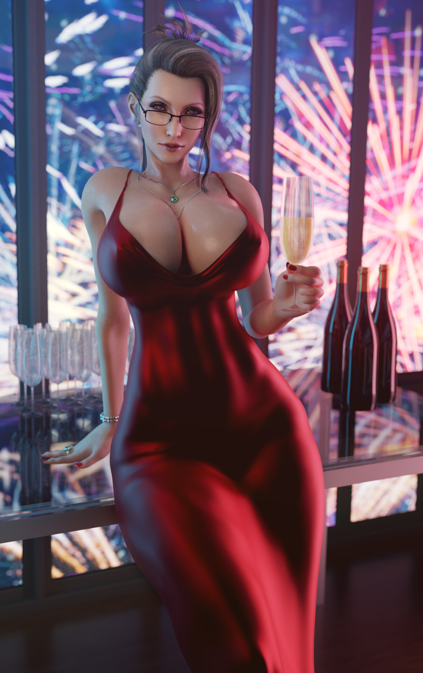 1girls 3d batesz big_breasts blender blonde_female blonde_hair breasts cleavage dress female female_only final_fantasy final_fantasy_vii final_fantasy_vii_remake fireworks glasses huge_breasts large_breasts looking_at_viewer mature mature_female milf necklace scarlet_(ffvii) solo tight_clothing