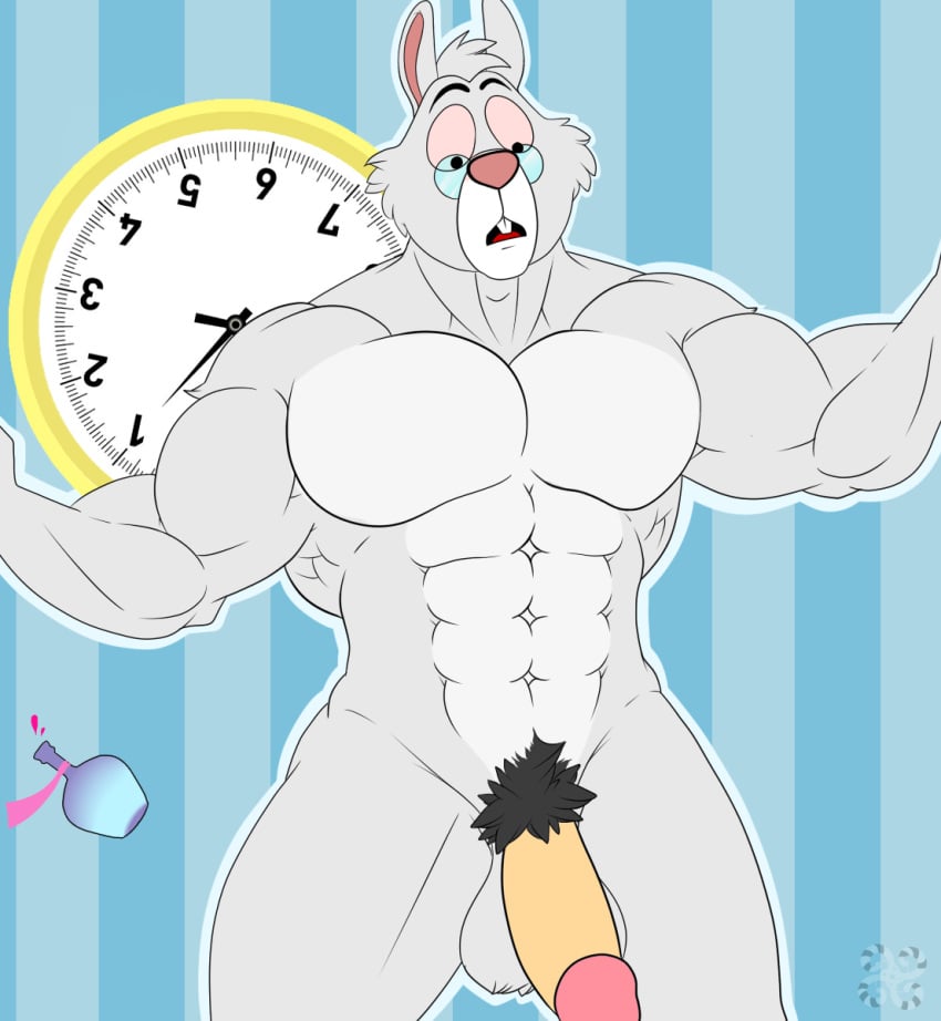 alice_in_wonderland alice_in_wonderland_(1951_film) anthro balls bbulala clock disney furry glasses large_penis muscular muscular_male open_mouth penis pubic_hair rabbit solo_male testicles white_fur white_rabbit_(disney)