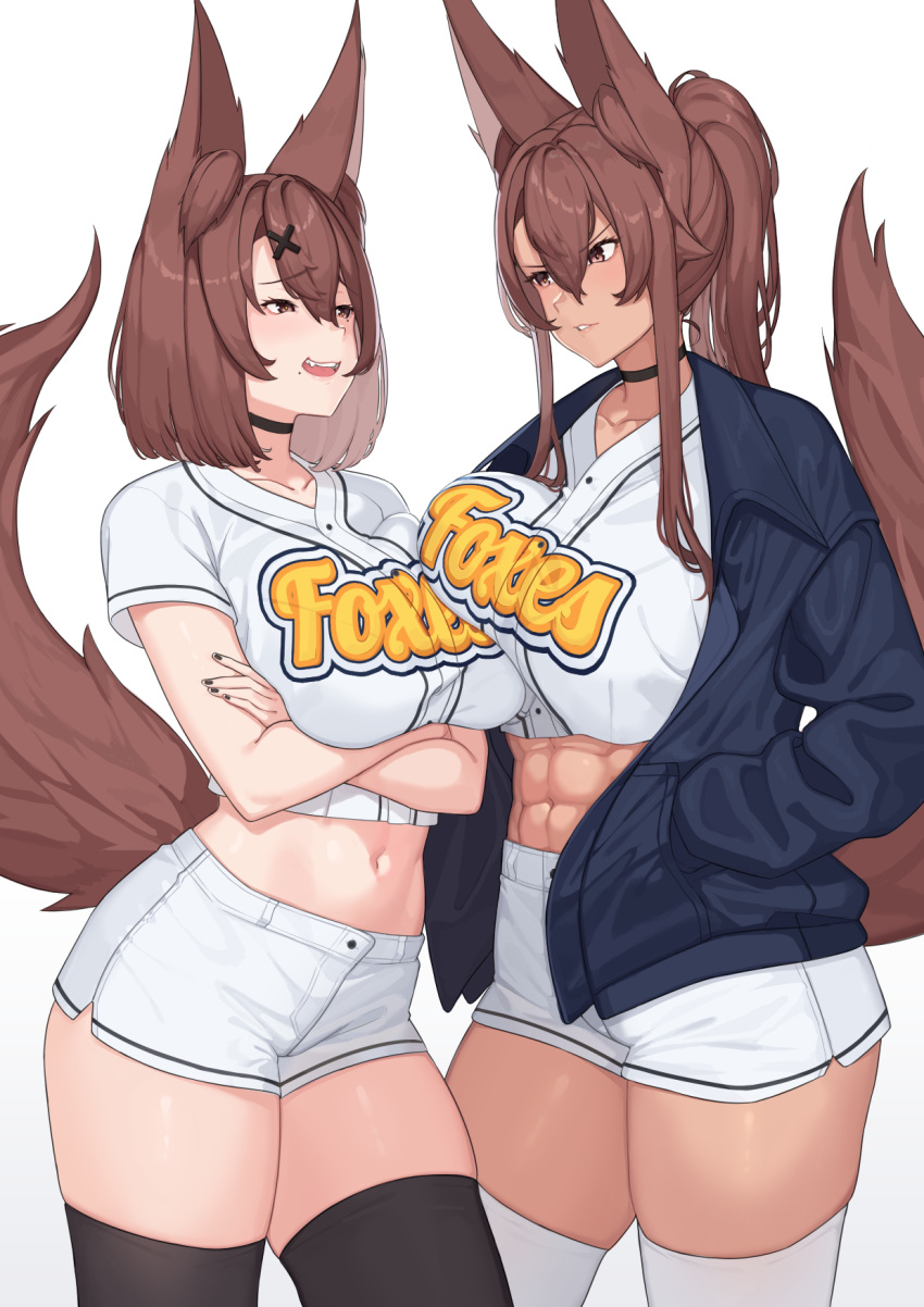 2girls abs animal_ear_fluff animal_ears asymmetrical_docking bangs baseball_uniform black_choker black_legwear black_nails blue_jacket breast_lift breast_press breasts brown_hair choker cowboy_shot crop_top crossed_arms eye_contact eyebrows_visible_through_hair fox_ears fox_girl fox_tail franham hair_between_eyes hair_ornament hands_in_pockets high_ponytail highres jacket large_breasts long_hair long_sleeves looking_at_another midriff mole mole_under_mouth multiple_girls navel nee-san_(franham) open_clothes open_jacket open_mouth original parted_lips ponytail shirt short_hair short_shorts short_sleeves shorts siblings sisters smug sportswear tail thighhighs thighs v-shaped_eyebrows white_legwear white_shirt white_shorts x_hair_ornament