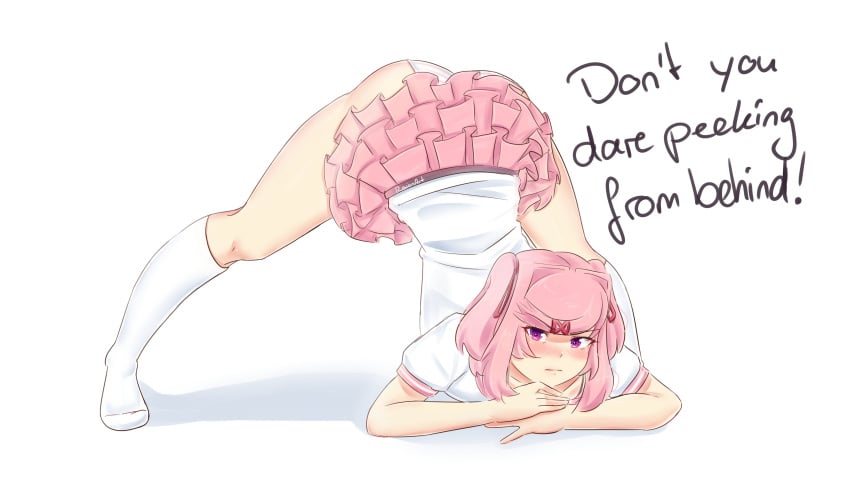 1girls :| ass ass_in_air ass_up blush blushing_at_viewer doki_doki_literature_club embarrassed english_text female female_only frilled_skirt frills head_down_ass_up jack-o_pose layered_skirt natsuki_(doki_doki_literature_club) panties pink_hair pink_skirt raionart shimapan skirt socks solo striped_panties text underwear white_panties