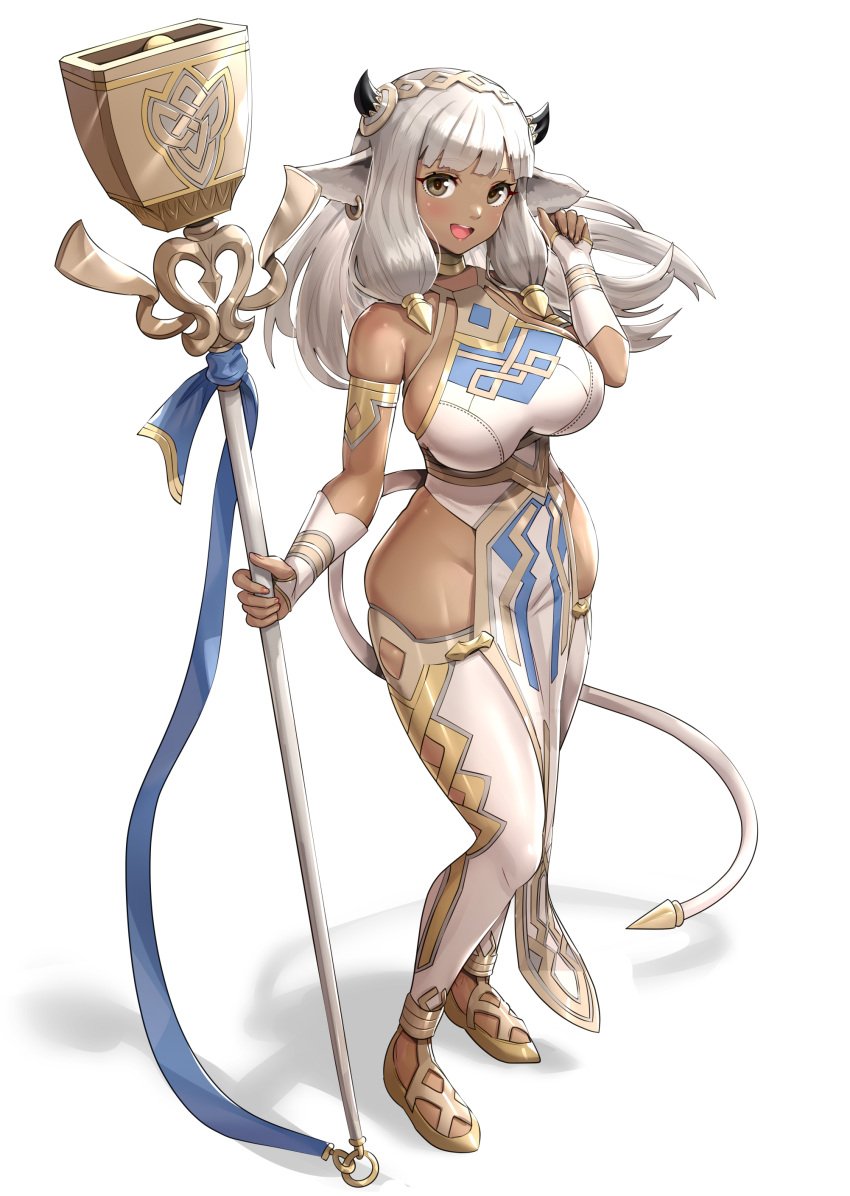 1girls :d absurdres animal_ears ash_(fire_emblem) bare_shoulders bicep_strap black_horns breasts brown_eyes commentary cow_ears cow_girl cow_horns dark-skinned_female dark_skin ear_piercing earrings female_only fingernails fire_emblem fire_emblem_heroes full_body gonzarez groin highres holding holding_staff horns jewelry large_breasts long_hair looking_at_viewer nintendo open_mouth piercing sideboob silver_hair simple_background smile solo staff tail thighhighs thighs white_background white_legwear