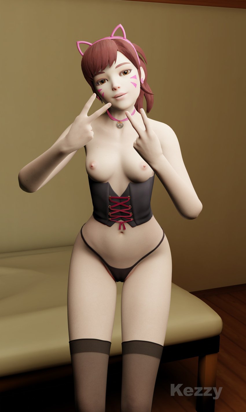 1girls 3d bedroom breasts breasts_out brown_eyes brown_hair cat_ears cat_headband collar corset d.va double_v earrings face_paint female kezzy lingerie makeup nipples overwatch panties peace_sign pose solo standing tagme thong