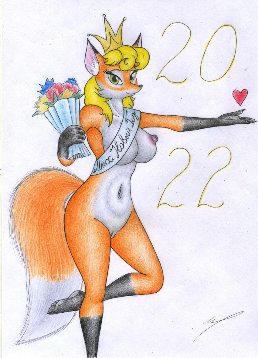 2021 absurd_res anthro areola blonde_hair bouquet breasts canid canine clothing dipstick_ears dipstick_tail eyelashes feet female flower fox fur genitals gloves_(marking) graphite_(artwork) green_eyes hair headgear headwear heart hi_res inner_ear_fluff leg_markings looking_at_viewer mammal markings miss_new_year multicolored_ears navel nipples orange_body orange_fur pencil_(artwork) plant pussy sinaherib socks_(marking) solo soyuzmultfilm tail_markings traditional_media_(artwork) tuft white_body white_fur