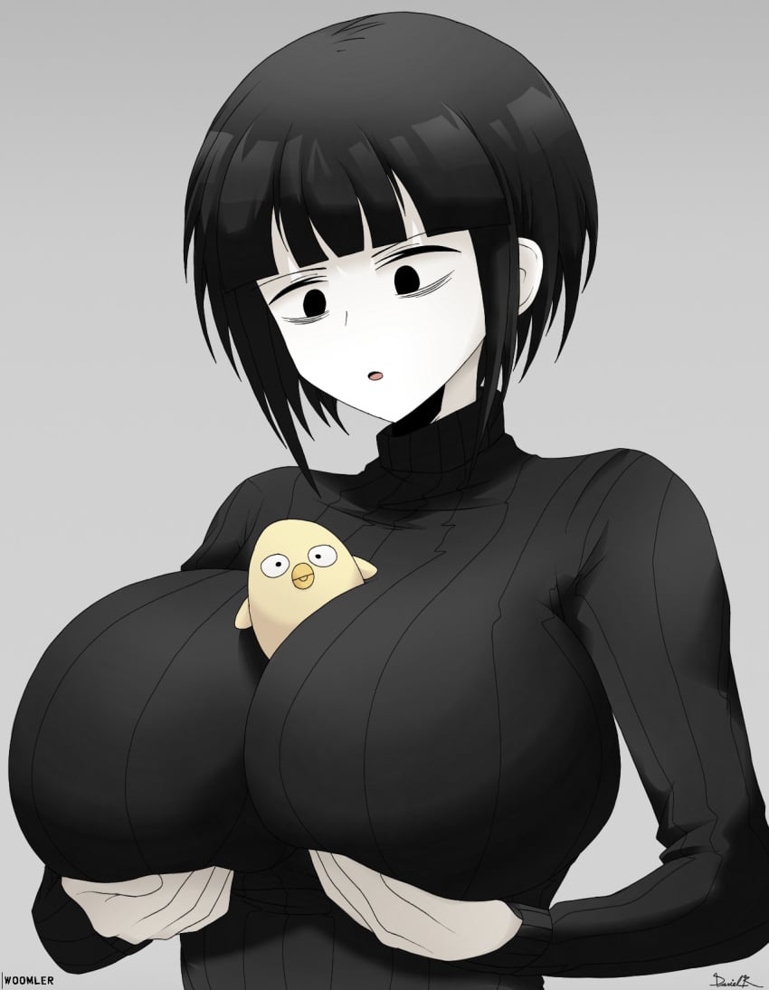 angry between_breasts big_bird_(blossom_hope) black_eyes black_hair blossom_hope breast_hold breasts clothed clothing grey_background large_breasts long_sleeves looking_down plushie short_hair signature simple_background tomi_washua turtleneck watermark white_skin woomler