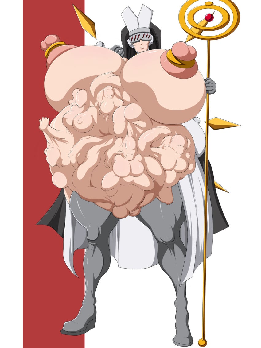 belly belly_bulge big_belly big_breasts breasts cape female halfro helmet huge_belly huge_breasts mask nipple_rings nipples oral_vore same_size_vore staff stomach_bulge stomach_deformation vore