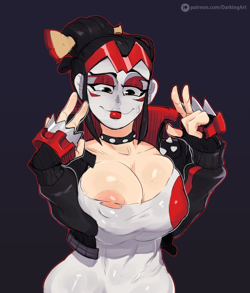 1girls areola_slip areolae cropped_jacket darkingart facepaint female fortnite fortnite:_battle_royale jacket large_breasts smile solo takara_(fortnite) torn_bodysuit