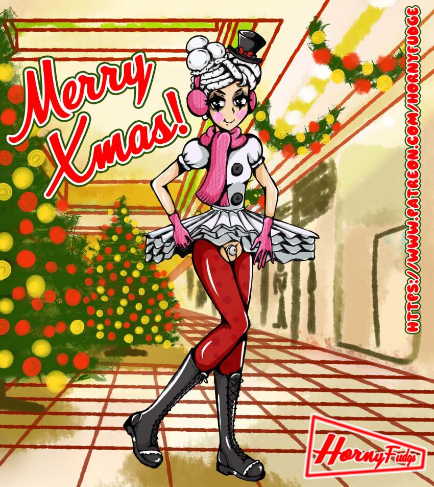 1futa balls chastity chastity_cage chastity_device christmas clothed clothing cosplay doll futa_only futanari gloves hornyfudge human lalaloopsy light-skinned_futanari light_skin mostly_clothed self_upload solo standing text upskirt white_hair winter_snowflake