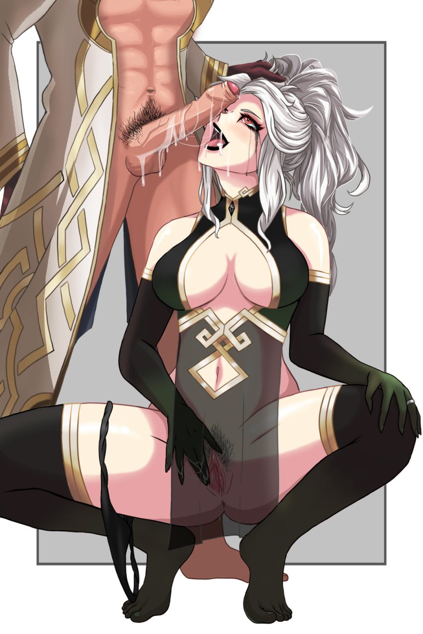 1boy 1girls abs anus black_lips black_lipstick black_panties breasts cleavage_cutout clothing_cutout crying crying_with_eyes_open cum cum_in_mouth cum_on_chin elbow_gloves fellatio female_pubic_hair fingering fingering_self fire_emblem fire_emblem_heroes gloves grey_hair heart_in_eye kiran_(fire_emblem) kiran_(fire_emblem)_(male) letizia_(fire_emblem) licking long_hair makeup masturbating_during_fellatio masturbation medium_breasts muscular_male naked_jacket navel navel_cutout nintendo nirainini open_mouth oral panties panties_around_leg penis ponytail pubic_hair pussy pussy_juice red_eyes runny_makeup see-through smile squatting thighhighs