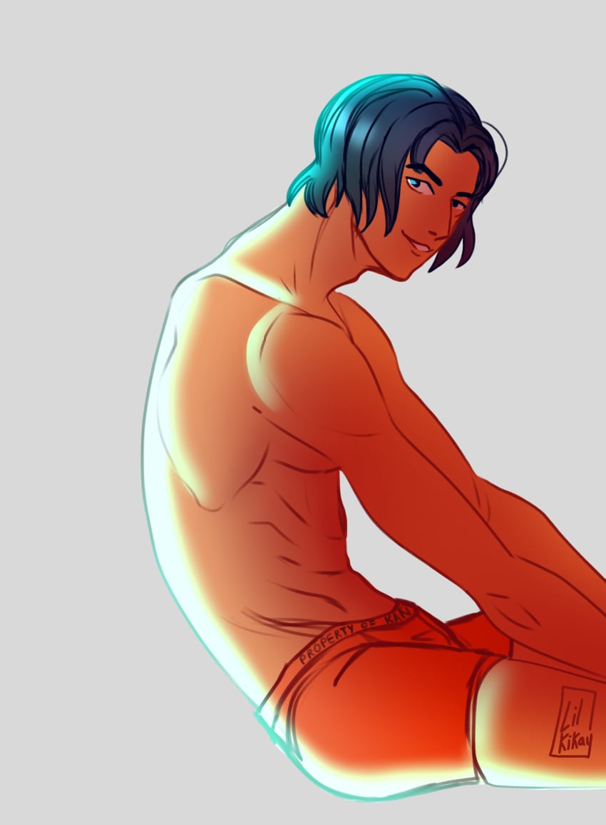 1boy blue_hair clothed clothing ezra_bridger lil-kikay looking_at_viewer male male_focus male_only muscular muscular_male navel pose revealing_clothes short_hair simple_background sitting smile solo solo_male star_wars star_wars_rebels watermark white_background