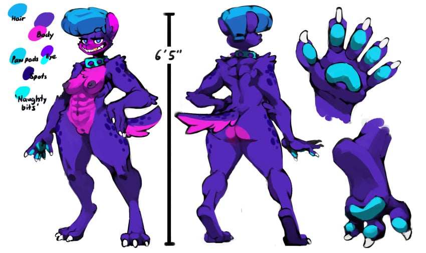 2021 abs anthro areola ass berry_smiles big_ears bittenhard blue_collar blue_eyebrows blue_hair blue_paws breasts cheek_tuft chest_tuft claws close-up collar color_swatch countershade_torso countershading digitigrade english_text eyebrows eyelashes facial_tuft female fur genitals gold_(metal) gold_jewelry gold_tooth hair hi_res hyaenid inner_ear_fluff jewelry mammal model_sheet muscular muscular_anthro muscular_female nipples nude pink_body pink_fur pompadour pupils purple_body purple_eyes purple_fur purple_nose pussy sharp_claws sharp_teeth smile solo spiked_collar spikes spots teeth text thick_eyebrows tuft unusual_pupils white_claws