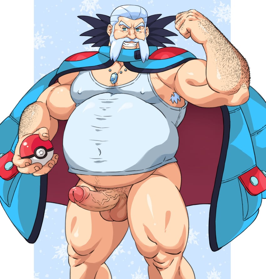 1boy balls bara baradok boner clothed erection facial_hair flexing flexing_bicep gay gray_hair growlygruntz hairy male male_only npc_trainer overweight penis pokemon semi-erect urup_(pokemon) veiny_penis wulfric_(pokemon)