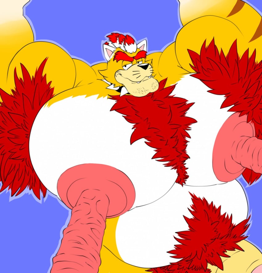 1boy anthro bara bbulala body_hair bowser breasts feline furry hyper hyper_nipples male male_focus male_only male_solo male_with_breasts mario_(series) meowser multi_penis penis penis_nipples red_hair solo solo_male spiked_collar super_mario_3d_world thick_penis triphallia veiny_nipples whiskers