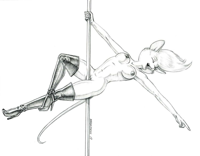 anthro baron_engel big_breasts boots breasts clothing dancing female genitals graphite_(artwork) high_heel_boots legwear mammal mostly_nude mouse murid murine naked_boots naked_footwear nude pencil_(artwork) petina_demouse pole pole_dancing pussy rodent simple_background singing solo thigh_boots thigh_highs traditional_media_(artwork) white_background