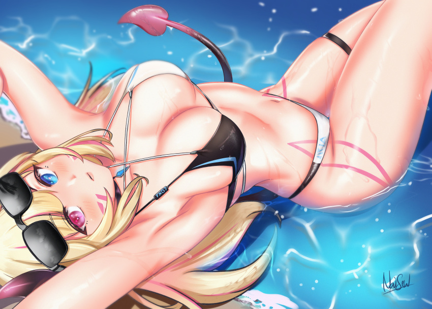 absurdres bangs big_ass big_breasts big_butt bikini blonde_hair blue_eyes blush breasts demon demon_girl demon_horns demon_tail female fluffyfoxmia foxyevoxy from_side fx07 heterochromia highres long_hair looking_at_viewer medium_breasts naisei open_mouth original pink_eyes smile solo streaked_hair sweat tail tattoo uncensored