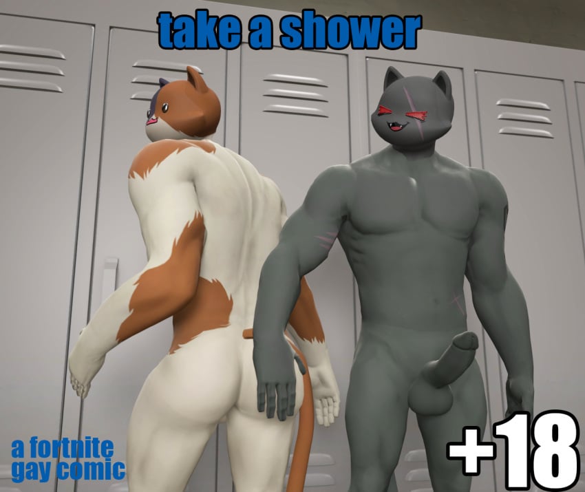 3d_(artwork) anthro ass balls calico_cat comic cover cover_art cover_page digital_media_(artwork) domestic_cat duo epic_games felid feline felis fortnite furry gay genitals hand_on_butt male male/male mammal meowscles_(fortnite) mottled muscular muscular_anthro muscular_male penis piebald shadow_meowscles_(fortnite) sky_chaser smile source_filmmaker surprise text video_games