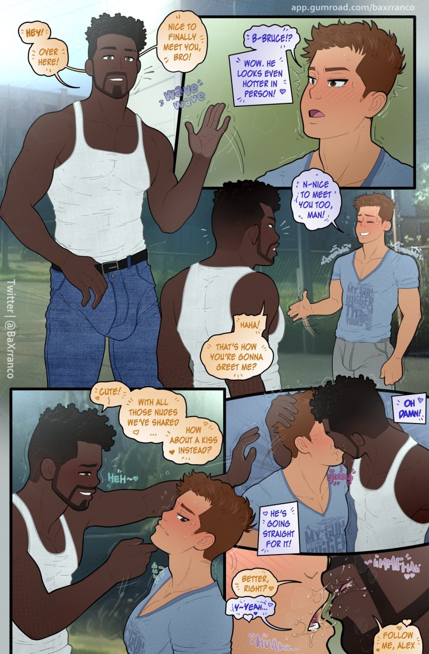 2boys alex_walker baxrranco blush bruce_(baxrranco) bulge chocolate_and_vanilla dark-skinned_male english_text gay interracial kissing light-skinned_male male male/male male_focus male_only melanin muscular shy text_bubble twitter_user_oc yaoi