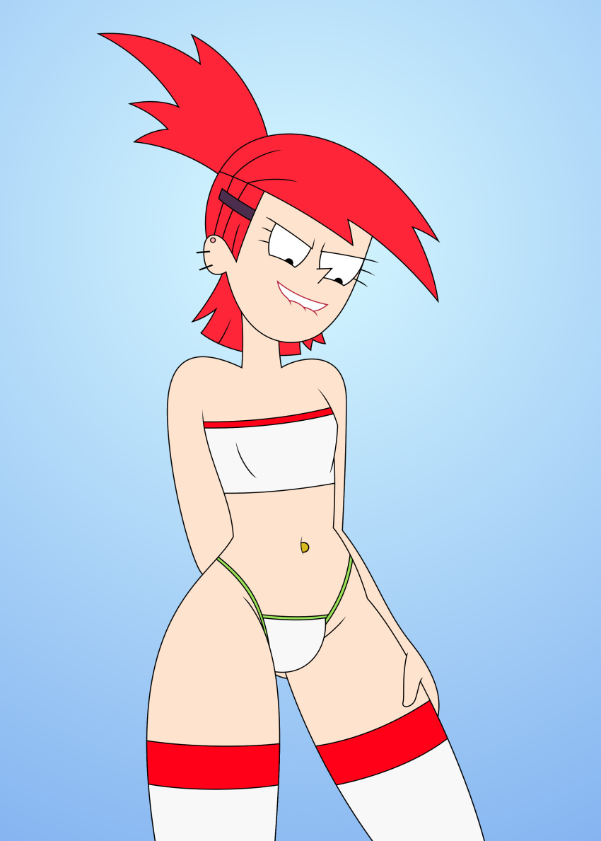 1boy biting_lip bulge clothing femboy foster's_home_for_imaginary_friends frankie_foster genderswap_(ftm) light-skinned_femboy light-skinned_male light_skin male male_only ponytail ponytail_male red_hair red_hair_male rule_63 solo