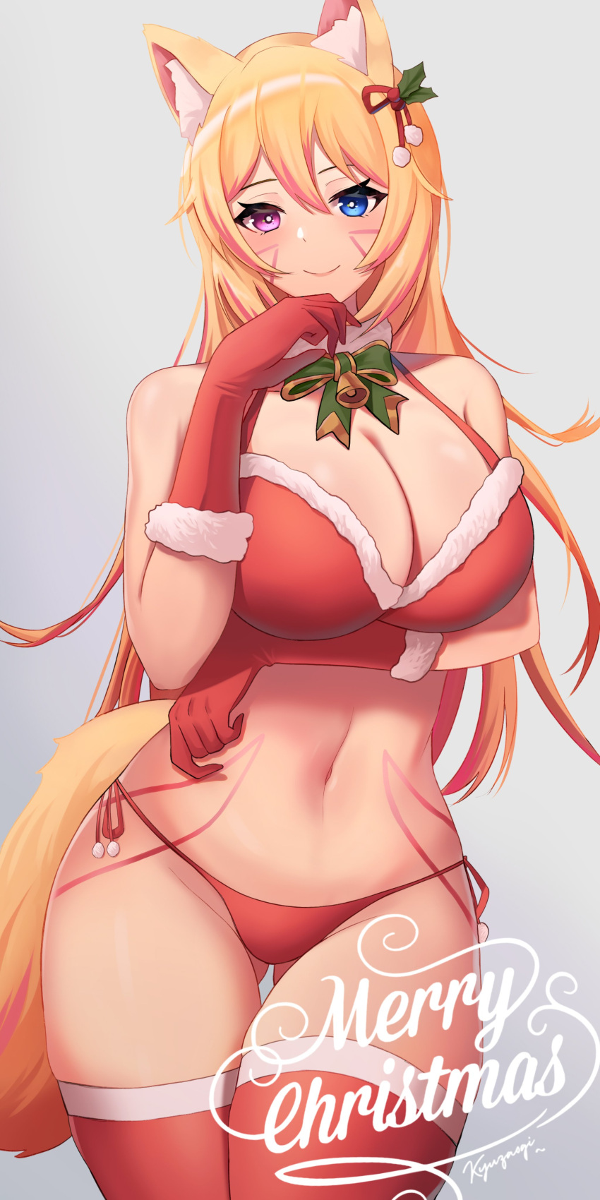 1girls animal_ears big_breasts blonde_hair blue_eyes blush breasts christmas christmas_outfit female fluffyfoxmia foxyevoxy fx07 heterochromia highres looking_at_viewer multicolored_hair on_top original pink_eyes pink_hair smile solo streaked_hair tattoo