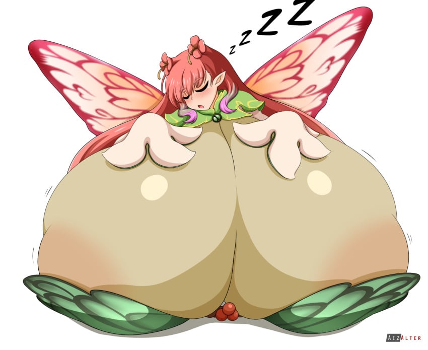 1girls aizalter bodystocking cleavage closed_eyes fairy fairy_wings female_only fire_emblem fire_emblem_heroes gigantic_breasts hyper_breasts long_hair mirabilis_(fire_emblem) multicolored_hair nintendo open_mouth pink_hair pointy_ears sleeping solo very_long_hair zzz