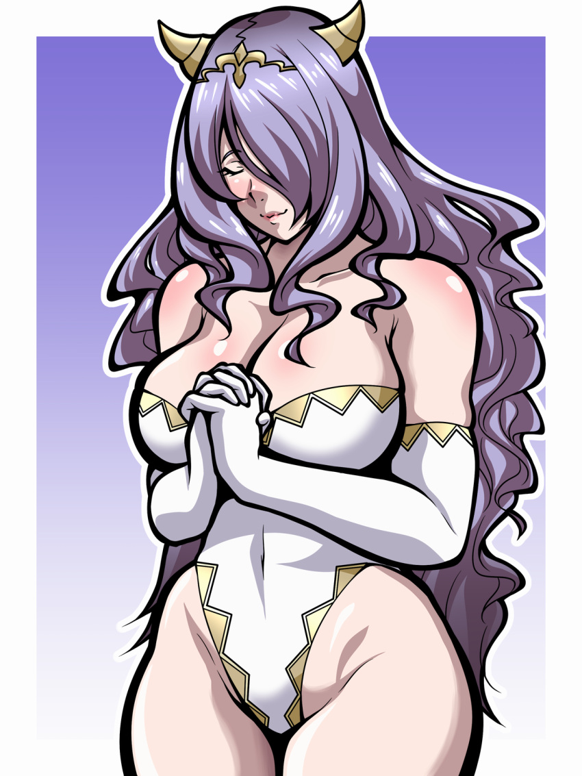 1girls bare_shoulders bare_thighs breasts camilla_(adrift)_(fire_emblem) camilla_(fire_emblem) cleavage closed_eyes elbow_gloves female_only fire_emblem fire_emblem_fates gloves hair_over_one_eye inabakun00 large_breasts leotard long_hair nintendo own_hands_clasped own_hands_together praying purple_hair smile solo thighs very_long_hair wavy_hair